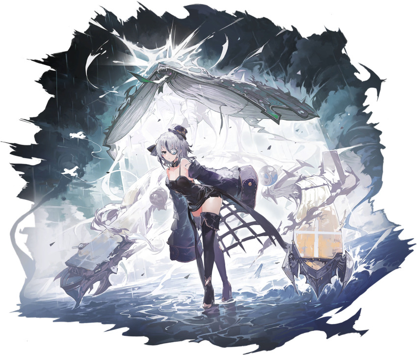 1girl alchemaniac azur_lane bearn_(azur_lane) bearn_(meta)_(azur_lane) black_boots black_dress black_hat boots breasts detached_sleeves dress eyepatch flight_deck full_body grey_hair hat highres looking_at_viewer medium_breasts mini_hat multicolored_hair official_art purple_hair rigging short_dress short_hair sleeves_past_fingers sleeves_past_wrists solo spaghetti_strap streaked_hair thigh_boots two-tone_hair