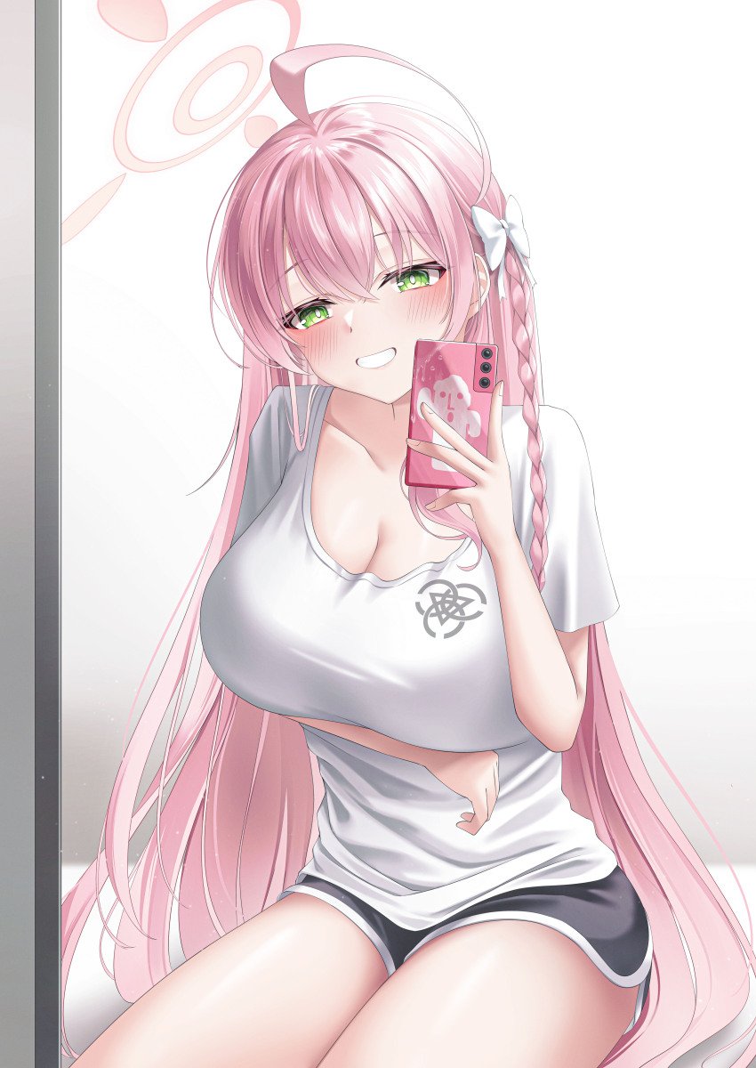 1girl absurdres ahoge arm_under_breasts black_shorts blue_archive braid breasts cleavage dolphin_shorts green_eyes grin hair_ribbon halo hanako_(blue_archive) highres implied_after_masturbation large_breasts long_hair looking_at_viewer navel pink_hair ribbon shira_jun shirt shorts single_braid smile solo teeth very_long_hair white_ribbon white_shirt