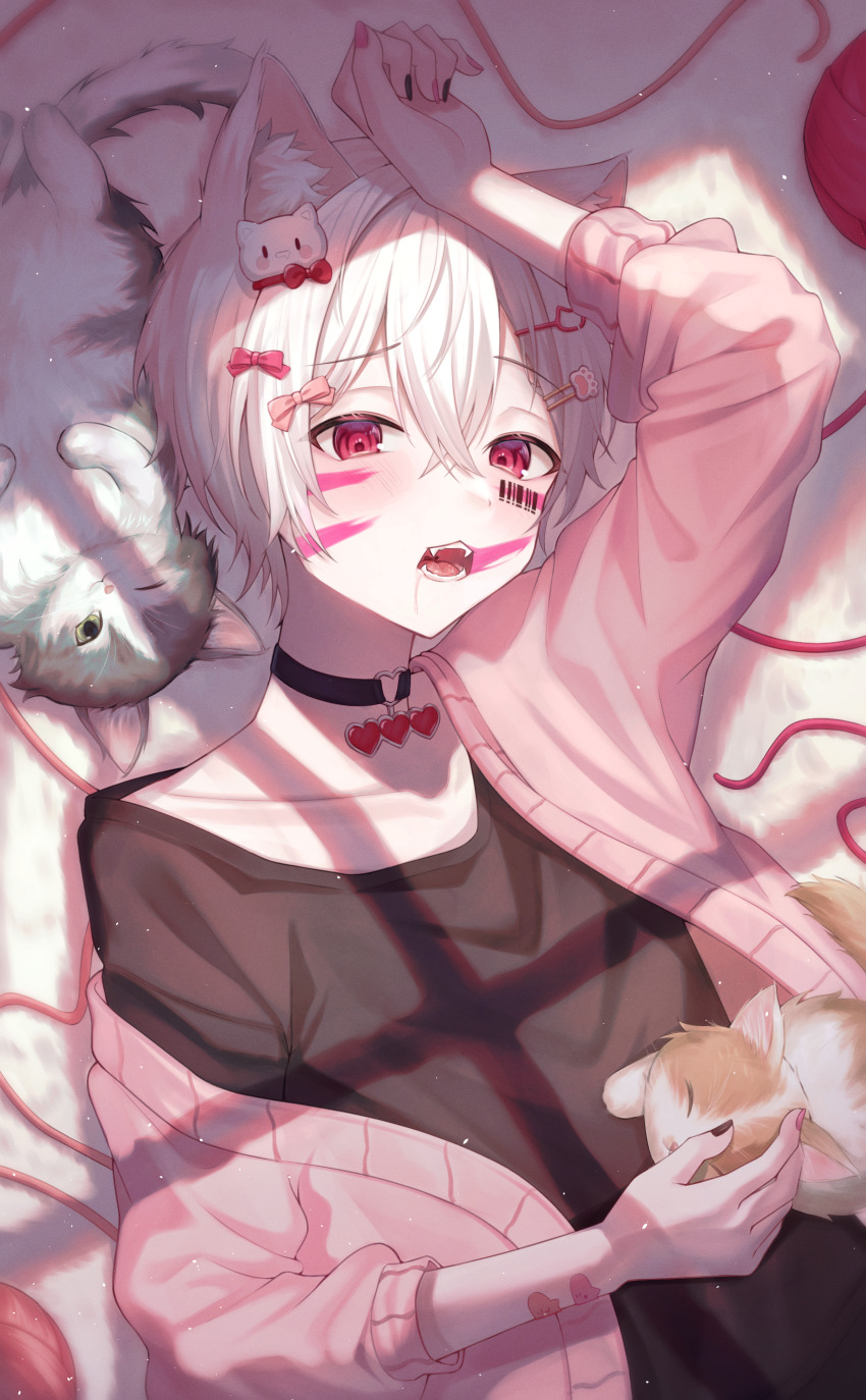 1boy 2others absurdres animal animal_(vocaloid) animal_ear_fluff animal_ears barcode barcode_tattoo black_shirt cat cat_ears collar fangs hair_ornament highres indie_utaite jacket long_sleeves looking_at_viewer lying mafumafu mafuteru male_focus multiple_others niconico open_mouth pink_jacket red_eyes sarin_(seoling) shirt tattoo utaite white_hair