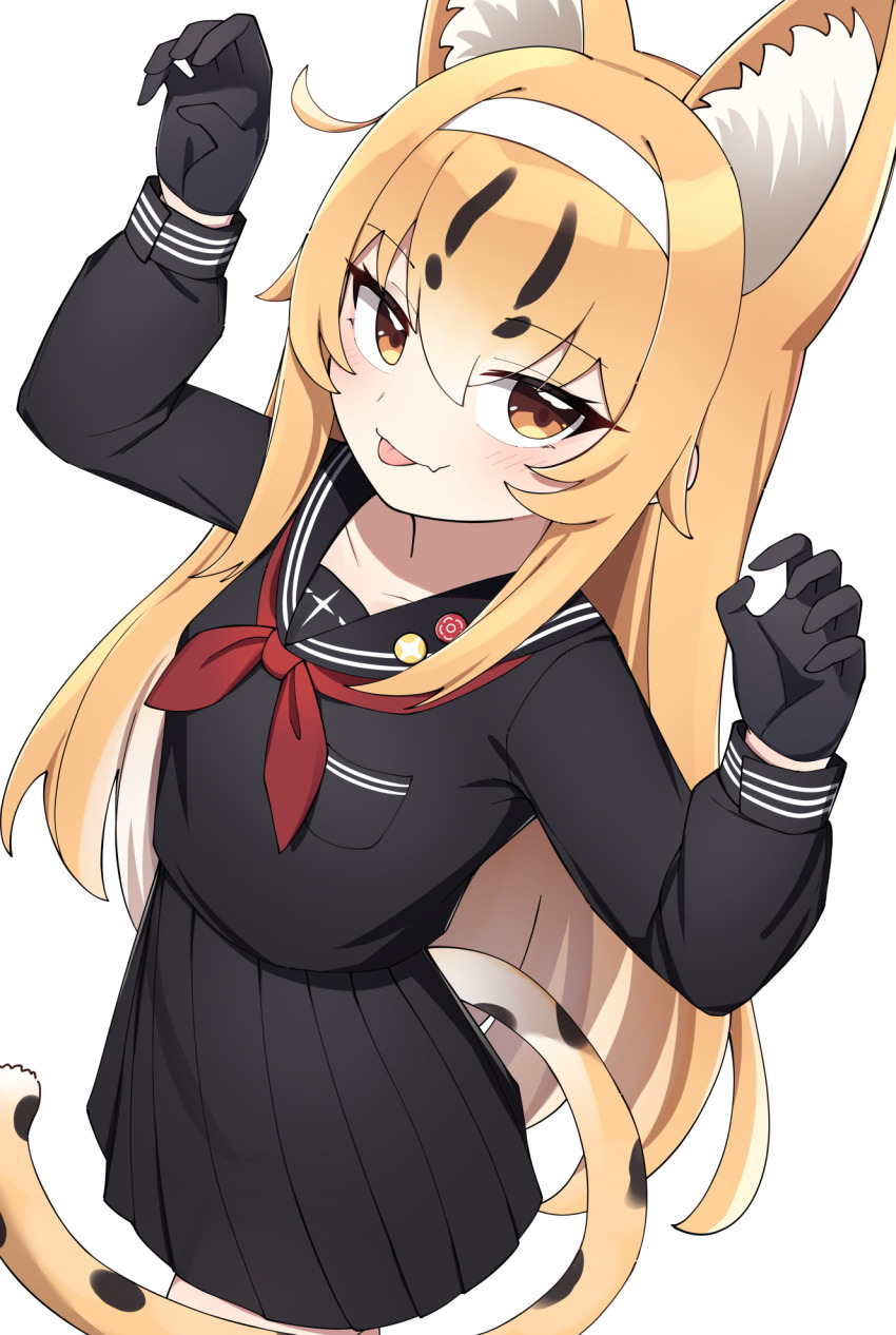1girl animal_ear_fluff animal_ears black_gloves blonde_hair blue_serafuku blue_skirt brown_eyes cat_ears cat_girl cat_tail claw_pose from_above gloves hair_tattoo hairband hands_up highres kenken_(keuken) long_hair long_sleeves looking_at_viewer multicolored_hair multicolored_tail neckerchief orange_tail original red_neckerchief school_uniform serafuku serika_(kenken) side_ahoge skirt solo spotted_tail tail tongue tongue_out white_background white_hair white_hairband
