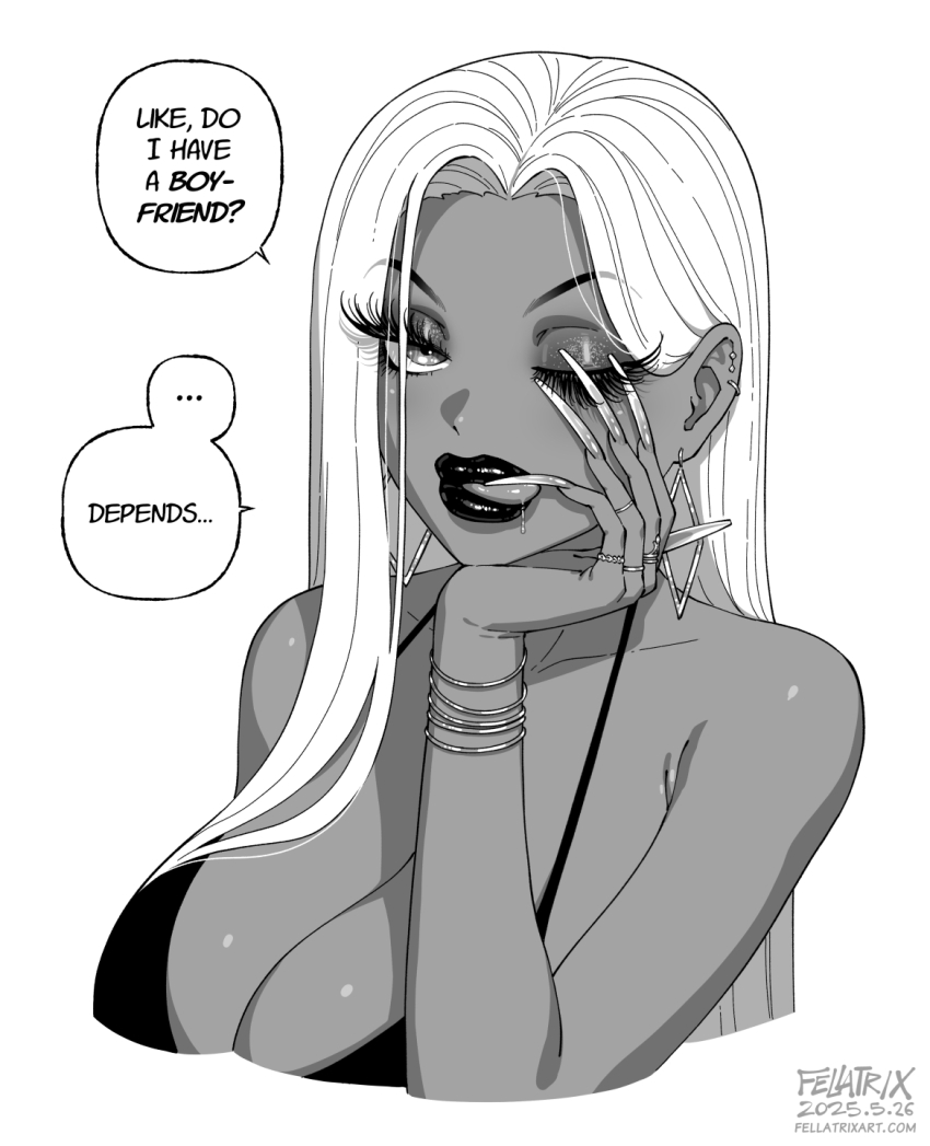 1girl artist_name bracelet breasts brittany_(fellatrix) cleavage dark-skinned_female dark_skin dated earrings english_text fellatrix fingernails greyscale gyaru highres jewelry long_fingernails long_hair looking_at_viewer monochrome one_eye_closed original ring simple_background solo speech_bubble upper_body watermark web_address white_background