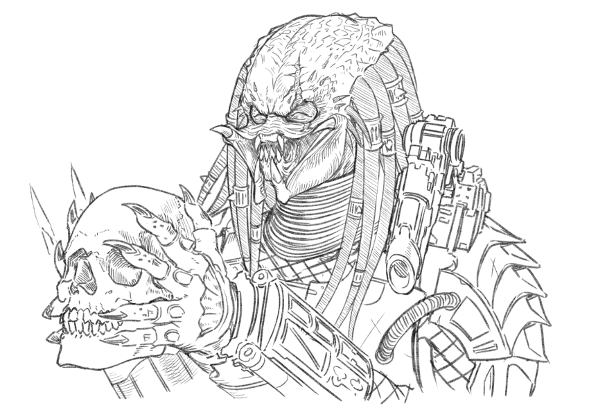 1other alien armor claws dreadlocks fangs fishnets gauntlets holding mandibles monochrome muscular muscular_other pauldrons predator_(character) predator_(series) scar scar_on_face shoulder_armor shoulder_cannon sketch skull smile upper_body wrist_blades wswc8755