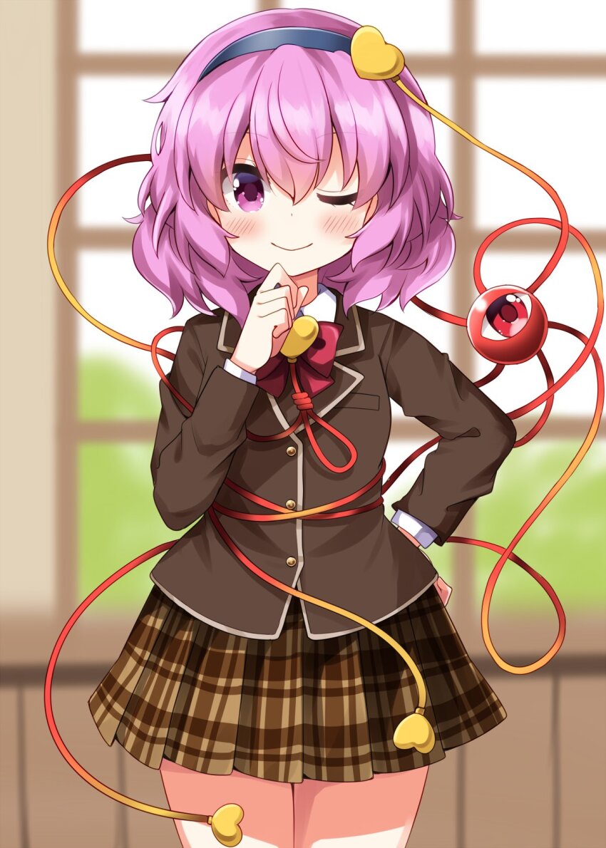 1girl ;) alternate_costume black_hairband blurry blurry_background blush bow bowtie brown_jacket brown_skirt buttons closed_mouth commentary_request cowboy_shot hair_between_eyes hair_ornament hairband hand_on_own_hip hand_up heart heart_hair_ornament highres jacket komeiji_satori long_sleeves looking_at_viewer one_eye_closed pink_eyes pink_hair plaid_clothes plaid_skirt pleated_skirt red_bow red_bowtie ruu_(tksymkw) short_hair skirt smile solo third_eye touhou wing_collar