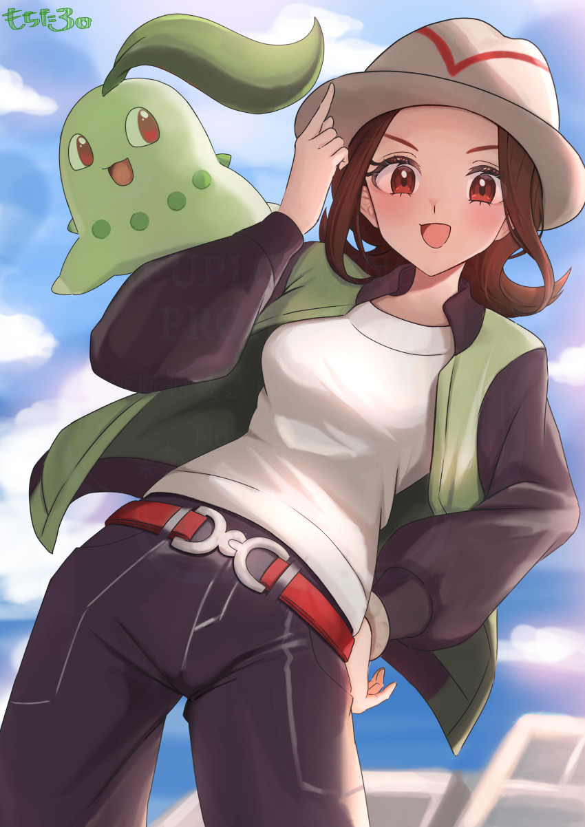1girl :d absurdres belt black_pants blue_sky breasts brown_hair chikorita creatures_(company) day game_freak gen_2_pokemon green_jacket harmony_(pokemon) hat highres jacket looking_at_viewer medium_breasts mochitaro_(mothitaroo) nintendo open_clothes open_jacket open_mouth pants pokemon pokemon_(creature) pokemon_legends:_z-a red_eyes shirt short_hair sky smile standing white_hat white_shirt