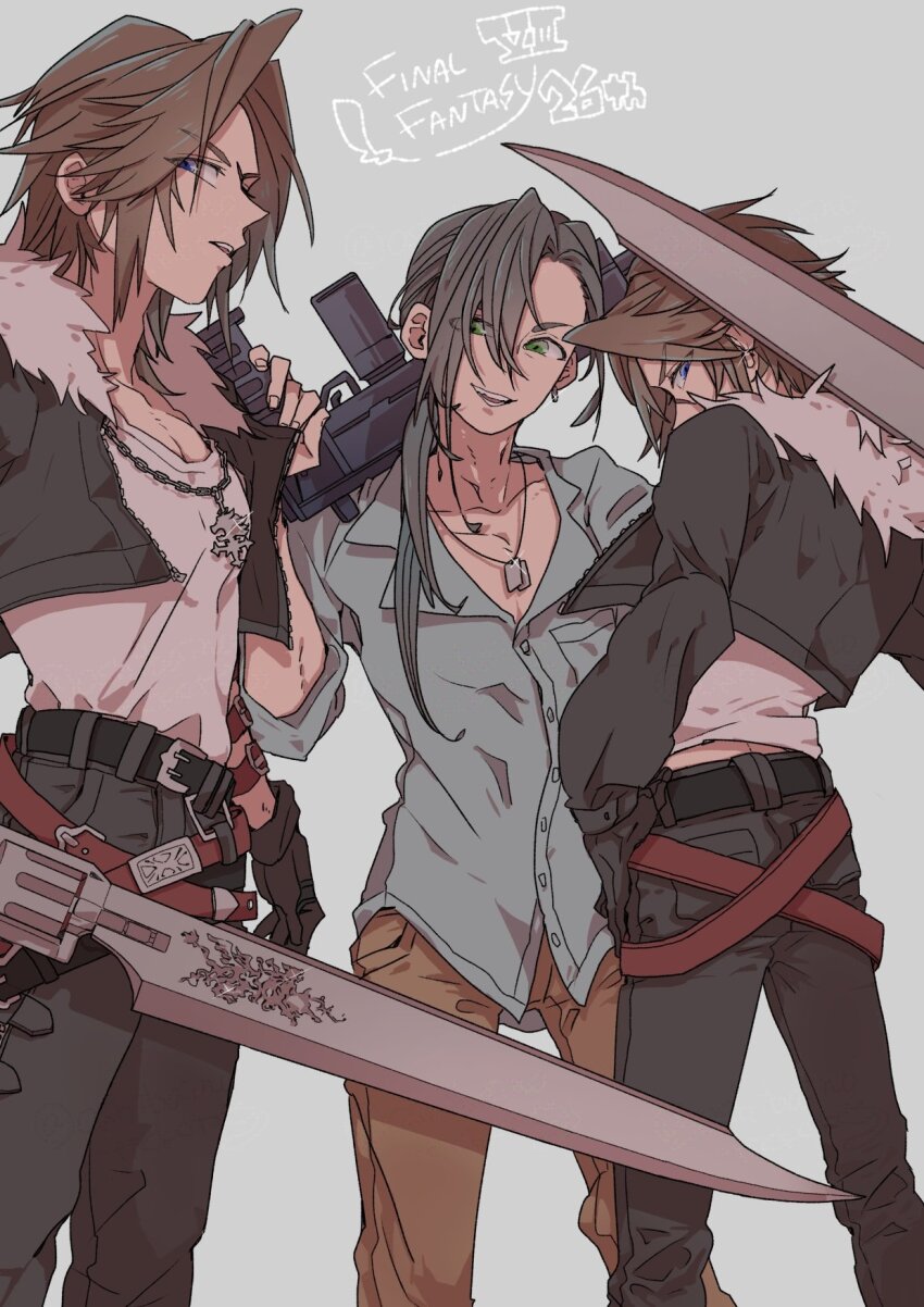 3boys anniversary black_hair black_jacket black_pants blue_eyes blue_shirt brown_hair brown_pants collarbone commentary_request dual_persona father_and_son feet_out_of_frame final_fantasy final_fantasy_viii fur-trimmed_jacket fur_trim grey_background gun gunblade hair_between_eyes handgun highres holding holding_gun holding_sword holding_weapon jacket jewelry laguna_loire long_hair multiple_boys necklace open_clothes open_jacket oshibainoticket pants shirt short_hair squall_leonhart standing sword weapon white_shirt
