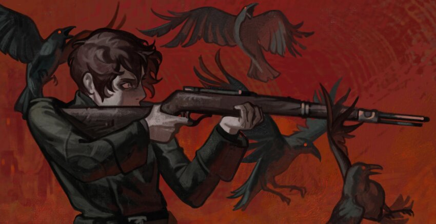 1girl assault_rifle bird brown_hair constricted_pupils covering_own_mouth crow double-parted_bangs from_side gun highres holding holding_gun holding_weapon military_uniform narrowed_eyes original pointing red_background red_eyes rifle short_hair silverheather solo too_many too_many_birds upper_body weapon