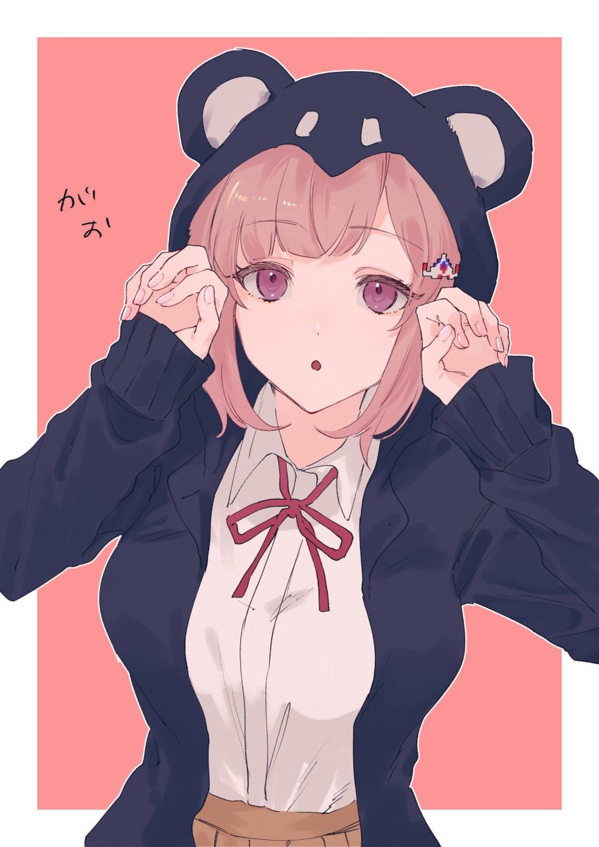 1girl :o alternate_costume animal_ears animal_hood bad_id bad_twitter_id black_jacket border breasts brown_skirt chi_(hnnmemi) danganronpa_(series) danganronpa_2:_goodbye_despair galaga hair_ornament hands_up highres hood hooded_jacket jacket large_breasts long_sleeves medium_hair mouse_ears mouse_hood nanami_chiaki neck_ribbon open_clothes open_jacket paw_pose pink_background pink_eyes pink_hair red_ribbon ribbon shirt shirt_tucked_in skirt sleeves_past_wrists upper_body white_border white_shirt