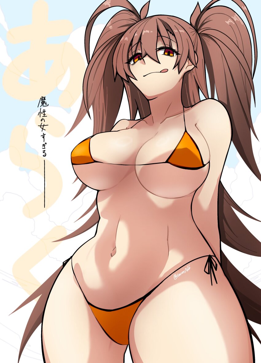 1girl absurdres bikini blush breasts brown_hair closed_mouth dr._arach highres large_breasts long_hair looking_at_viewer moyashi_(tenor366) navel orange_bikini orange_eyes solo swimsuit tongue tongue_out translation_request tsukihime tsukihime_(remake)