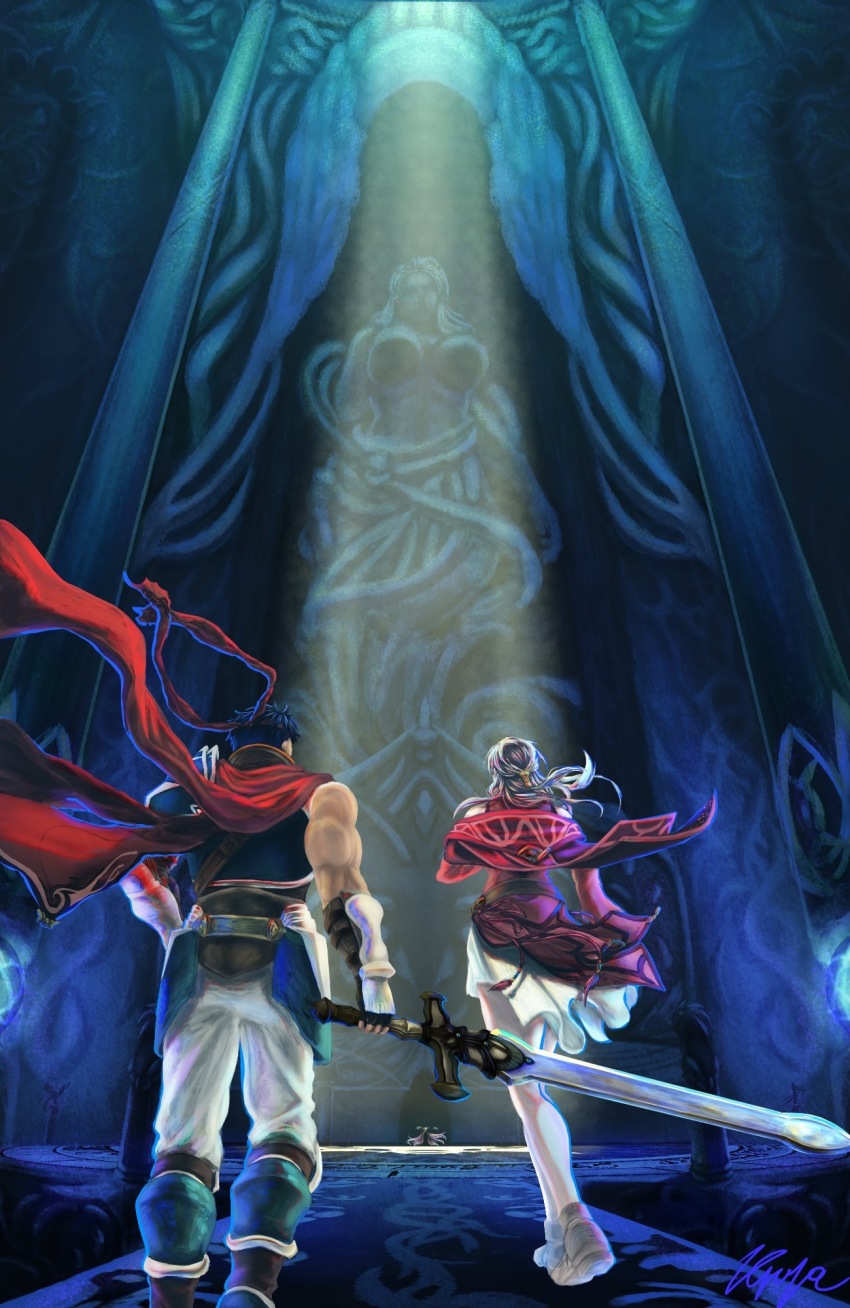1boy 1girl bare_shoulders blue_hair cape dorodoropko dress fire_emblem fire_emblem:_radiant_dawn headband highres huge_weapon ike_(fire_emblem) ike_(vanguard_legend)_(fire_emblem) indoors long_hair long_sleeves looking_at_another looking_at_viewer micaiah_(fire_emblem) micaiah_(queen_of_dawn)_(fire_emblem) nintendo ragnell shoes signature silver_hair sleeveless statue sword temple traditional_media weapon white_dress