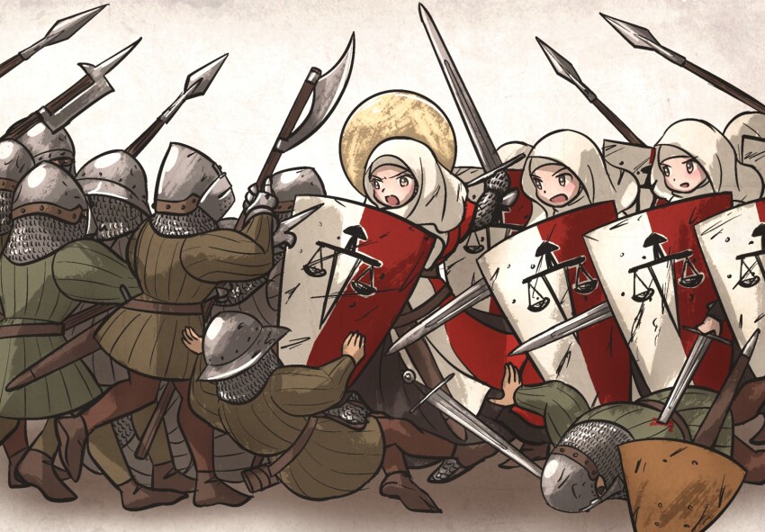 6+girls armor armored_boots aventail balance_scale_print bardiche_(weapon) bascinet battle belt billhook black_dress blood_on_armor boots brown_eyes brown_pants brown_shoes chainmail commentary dress english_commentary falling fighting gambeson gauntlets halo halo_behind_head highres holding holding_polearm holding_shield holding_sword holding_weapon hounskull injury ironlily kettle_helm kite_shield multiple_girls nun open_mouth ordo_mediare_sisters_(ironlily) pants polearm saint scabbard sheath shield shoes shouting simple_background soldier spear stab surcoat sword veil weapon white_background white_veil wimple