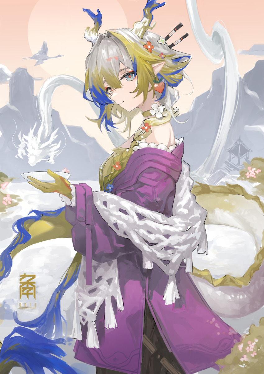 1girl absurdres arknights blonde_hair blue_hair chinese_commentary closed_mouth commentary_request cowboy_shot dragon_girl dragon_horns dragon_tail earrings eyeliner flower frilled_jacket frilled_sleeves frills from_side fruit_earrings green_eyes grey_hair hair_flower hair_ornament hair_over_shoulder highres holding horns jacket jewelry laoshi_wo_hao_e long_hair long_sleeves looking_at_viewer makeup official_alternate_costume orange_eyeliner orange_flower orange_pupils pink_jacket pointy_ears profile shu_(arknights) shu_(spring_feast)_(arknights) smile solo standing tail white_flower