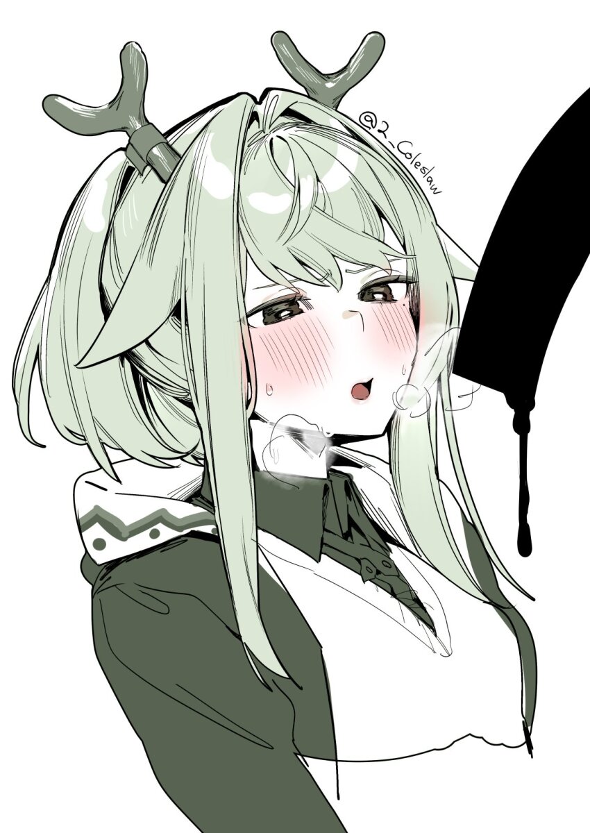 1boy 1girl antlers arknights blush censored collared_shirt firewatch_(arknights) green_eyes green_hair green_shirt highres horns looking_at_penis mirin_chikuwa mole mole_under_eye open_mouth penis penis_awe shirt simple_background solo_focus white_background
