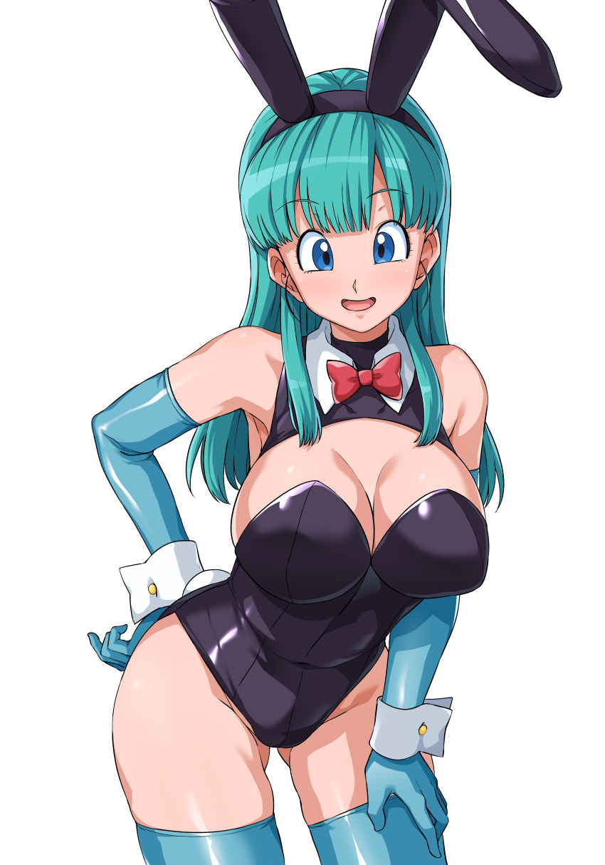 1girl :d absurdres animal_ear_hairband animal_ears aqua_gloves aqua_hair aqua_thighhighs black_hairband black_leotard blue_eyes bow bowtie breasts bulma cleavage cleavage_cutout clothing_cutout commentary_request detached_collar dragon_ball dragon_ball_(classic) elbow_gloves fake_animal_ears gloves gluteal_fold hairband hand_on_own_hip haruhisky highres large_breasts leotard long_hair looking_at_viewer open_mouth playboy_bunny rabbit_ears red_bow red_bowtie smile solo standing thighhighs thighs variant_set white_wrist_cuffs wrist_cuffs