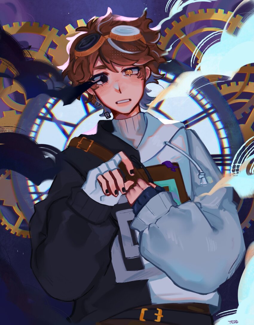 1boy @_@ animification asymmetrical_gloves belt belt_buckle black_eyes black_gloves black_nails blush book brown_hair buckle clock commentary contrast dream_smp english_commentary fingerless_gloves gears gloves goggles goggles_on_head heterochromia highres holding holding_book hood hood_down hoodie karl_jacobs looking_at_viewer male_focus minecraft_youtube mismatched_gloves multicolored_hoodie nail_polish official_alternate_costume short_hair shoulder_belt solo spiral tales_from_the_smp tl_tedd upper_body white_gloves yellow_eyes