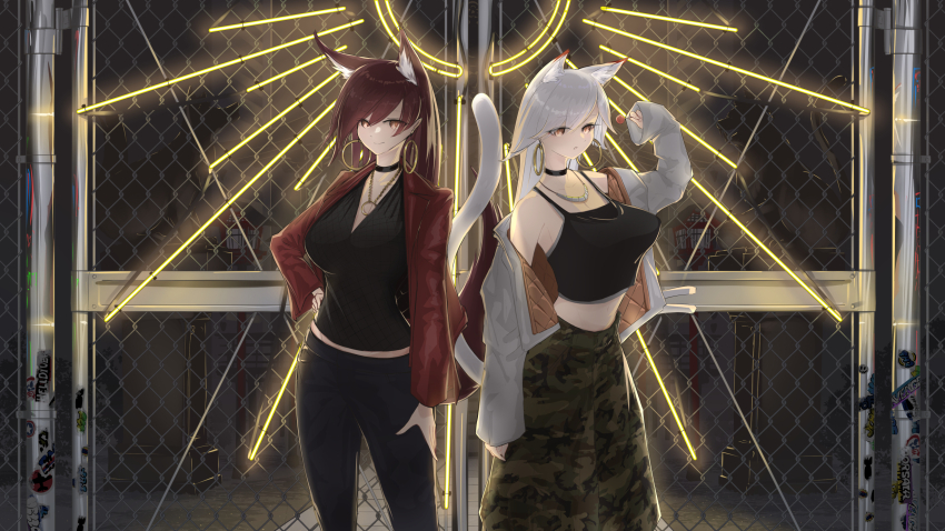 2girls alternate_costume animal_ear_fluff animal_ears azur_lane bare_shoulders black_choker black_pants breasts camouflage camouflage_pants candy casual cat_ears cat_girl cat_tail chain-link_fence choker earrings feet_out_of_frame fence food highres holding holding_candy holding_food holding_lollipop hoop_earrings hyuuga_(azur_lane) ise_(azur_lane) jacket jewelry large_breasts lollipop long_sleeves looking_at_viewer midriff midriff_peek multiple_girls necklace neon_lights open_clothes open_jacket orange_eyes pants red_hair red_jacket red_tail ryosuke1225 siblings sisters sleeveless standing tail white_hair white_tail
