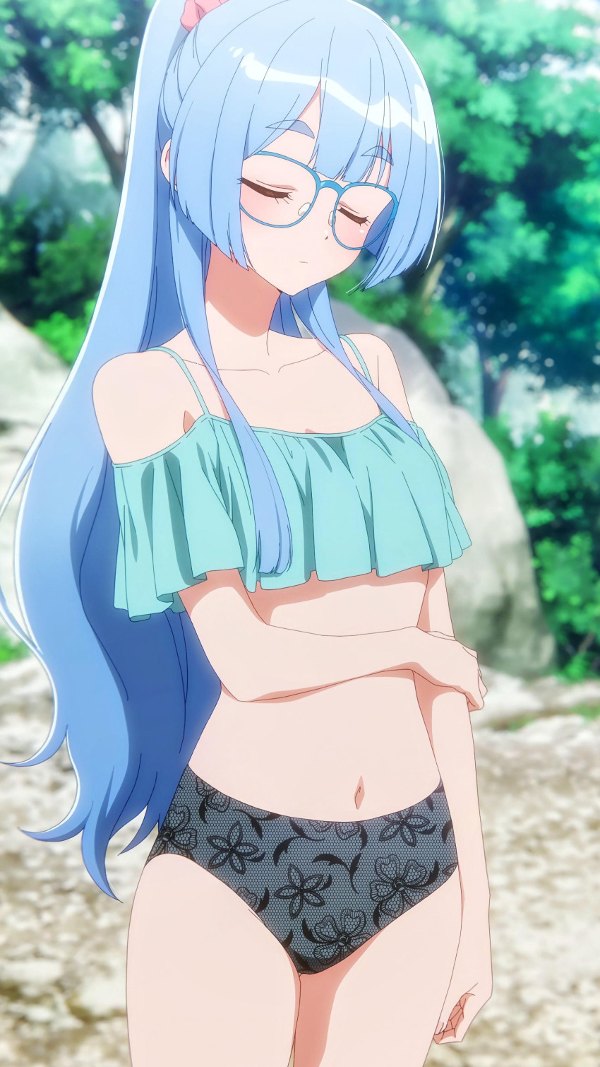 absurdres anime_screenshot belly bikini blue_bra bra breasts closed_eyes grey_panties highres medium_breasts navel panties shiunji-ke_no_kodomotachi shiunji_seiha stitched stomach swimsuit third-party_edit underwear