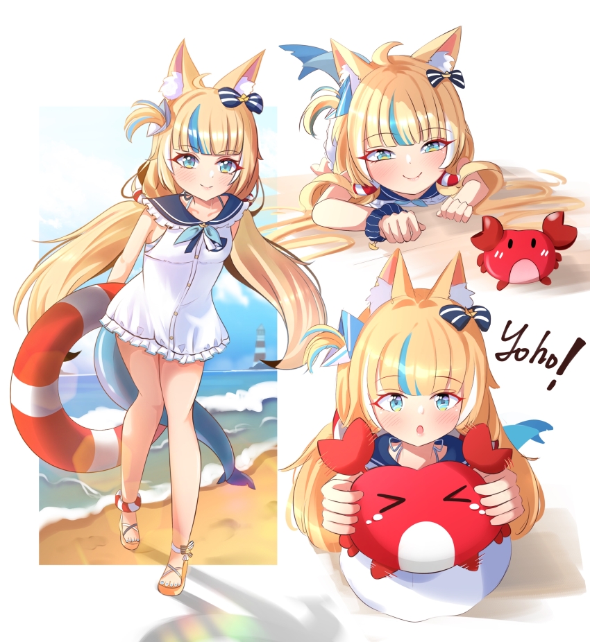 1girl absurdres ahoge animal_ear_fluff animal_ears blonde_hair blue_eyes blue_hair cat_ears closed_mouth crab dress fang fins fish_girl fish_tail highres indie_virtual_youtuber long_hair low_twintails one_side_up open_mouth sameko_saba sleeveless sleeveless_dress smile solo tail twintails very_long_hair virtual_youtuber white_dress yoruhanamai