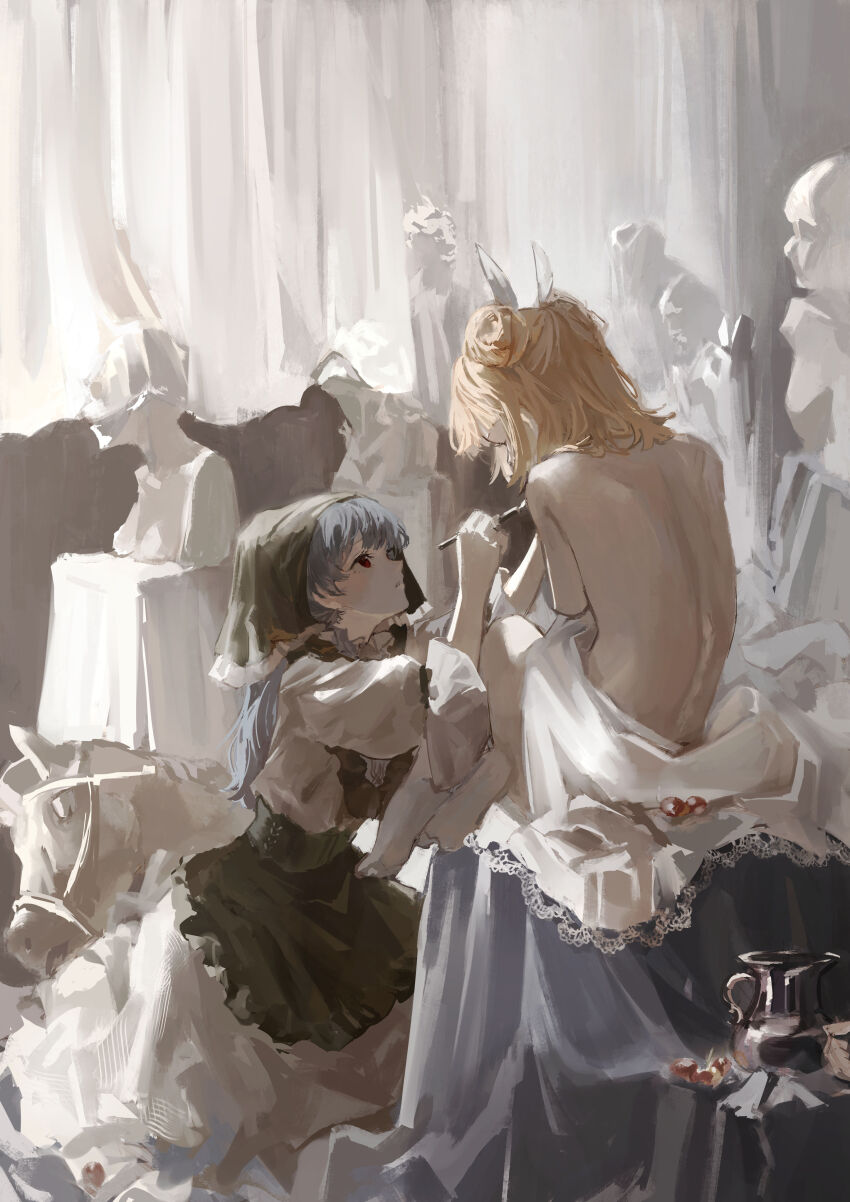 2girls absurdres apron bare_back barefoot black_apron blonde_hair blue_hair commentary completely_nude costume cross-laced_clothes curtains double_bun dress frilled_apron frilled_dress frilled_headwear frilled_shirt_collar frills full_body hair_bun hair_ribbon haniyasushin_keiki headscarf highres holding holding_paintbrush indoors jar joutouguu_mayumi lace_trim long_dress long_hair looking_at_another multiple_girls nude paintbrush parted_lips ribbon sawararado sculpture sitting touhou waist_apron white_ribbon