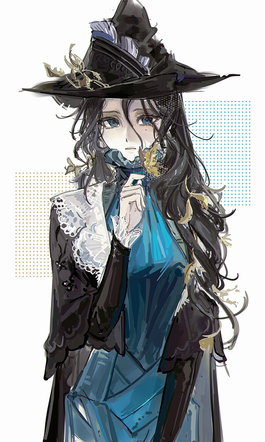 1girl absurdres black_cape black_hair black_hat black_sleeves blue_dress blue_eyes bug butterfly butterfly_on_hand cape closed_mouth dress hair_between_eyes hand_up hat highres insect long_hair looking_at_viewer mole mole_under_eye reverse:1999 sangyu-feiwan solo upper_body white_background willow_(reverse:1999) witch_hat yellow_butterfly