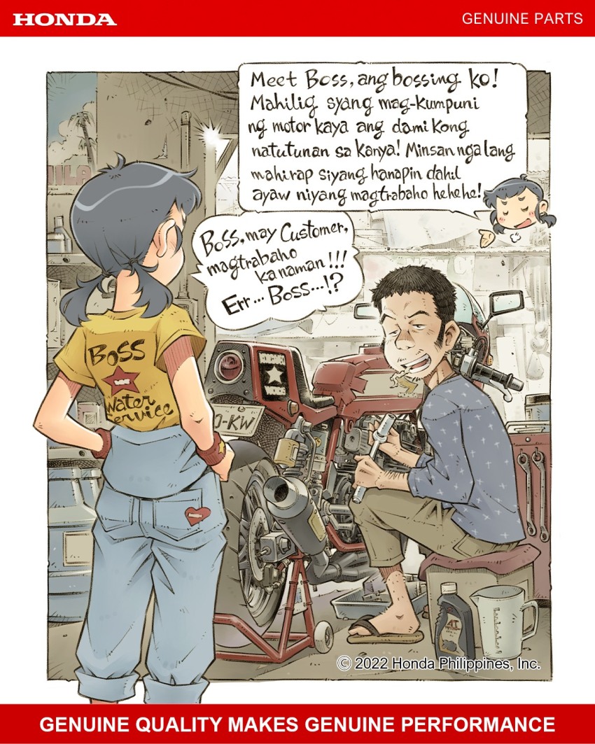 1boy 1girl ad black_hair blue_jumpsuit blue_shirt boss_(genie&#039;s_motorcycle_life) bottle box cardboard_box cargo_pants chibi chibi_inset cigarette copyright_notice facial_hair genie&#039;s_motorcycle_life genie_(genie&#039;s_motorcycle_life) grey_hair hands_on_own_hips highres holding honda jumpsuit jumpsuit_around_waist looking_at_another low_twintails motor_vehicle motorcycle official_art on_box pants philippines print_shirt sandals sekihan shirt short_hair sitting sitting_on_box socket_wrench speech_bubble sweatband tagalog_text translated twintails wrench yellow_shirt