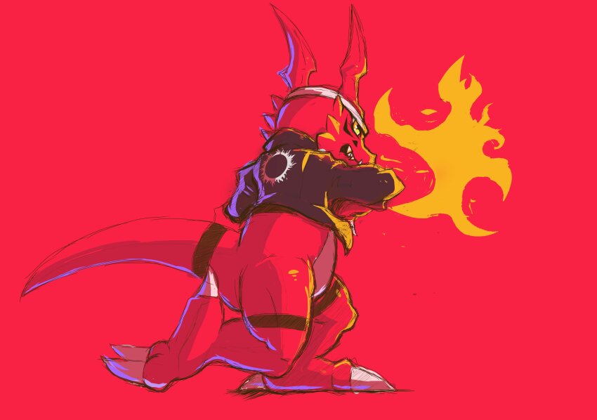 black_jacket clenched_teeth cosplay cropped_jacket digimon digimon_(creature) dinosaur fighting_game fire full_body guilmon headband highres jacket kusanagi_kyou kusanagi_kyou_(cosplay) no_humans red_background red_scales red_theme sharp_teeth simple_background solo standing standing_on_one_leg teeth the_king_of_fighters white_headband yellow_eyes youwantstars