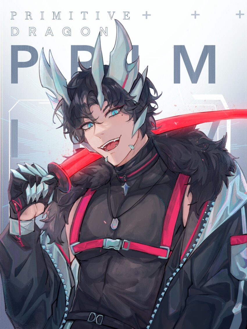 1boy :d adapted_costume alternate_costume black_gloves black_hair black_pants blue_eyes blue_fire boots chest_harness cyberpunk dog_tags dragon_horns dragon_tail english_text fangs fire fur_trim gloves hand_in_pocket harness highres holding holding_sword holding_weapon horns kamen_rider kamen_rider_saber kamen_rider_saber_(series) kamen_rider_saber_primitive_dragon_brave_dragon kamiyama_touma katana male_focus meowq off_shoulder open_mouth pants smile solo sword tail tank_top upper_body weapon