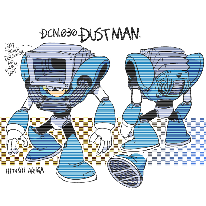 1boy android ariga_hitoshi armor artist_name blue_armor blue_background blue_footwear boots brown_background cable cable_tie character_name reference_sheet checkered_background chest_armor colored_shoe_soles commentary_request concept_art dust_man english_text from_behind full_body gradient_background highres joints knee_boots looking_ahead looking_at_viewer male_focus mega_man_(classic) mega_man_(series) mega_man_4 mega_man_megamix multiple_views no_mouth robot robot_joints scanlines shoe_soles shoulder_armor standing three_quarter_view turnaround vacuum_cleaner white_background