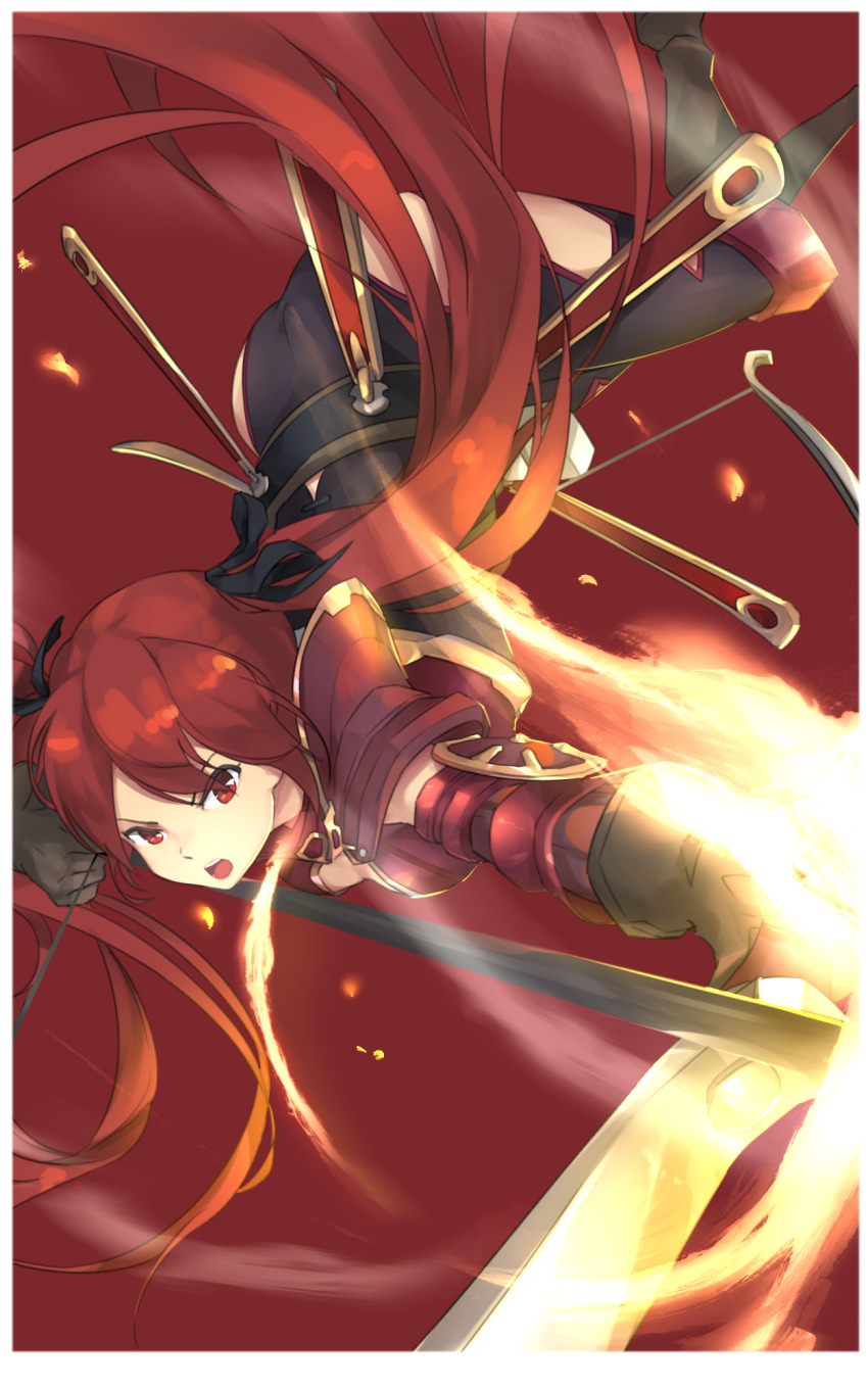 1girl aiming alternate_costume armor arrow_(projectile) bow_(weapon) fire_emblem fire_emblem_fates gloves highres holding holding_bow_(weapon) holding_weapon leather leather_gloves long_hair looking_at_viewer nintendo pauldrons red_eyes red_hair selena_(fire_emblem_fates) shoulder_armor siegzeonu single_pauldron twintails twintails_day weapon
