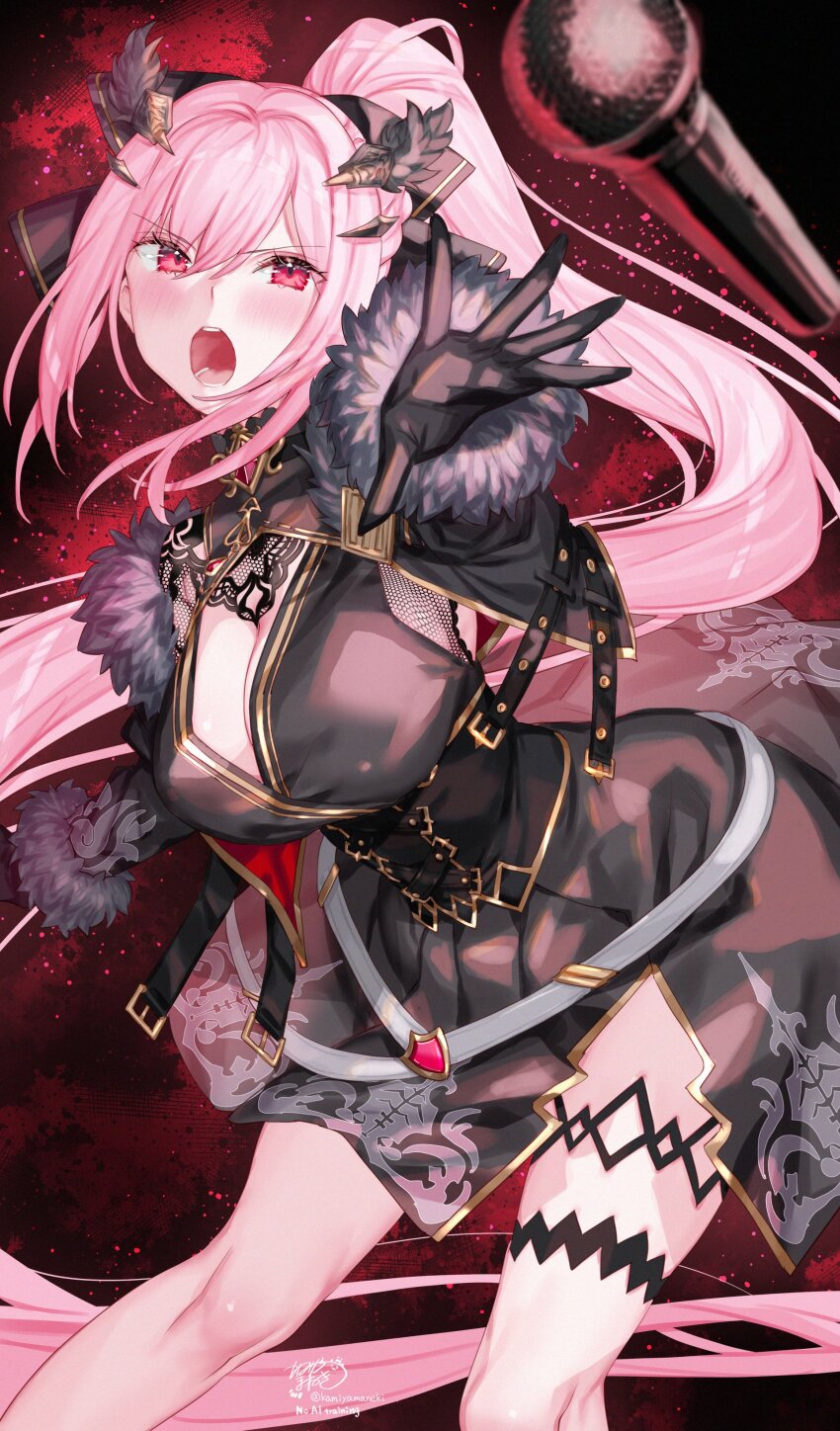 1girl absurdres black_corset black_dress black_gloves black_jacket black_ribbon breasts cleavage_cutout clothing_cutout commentary contrapposto corset cropped_jacket dress english_commentary fur-trimmed_jacket fur_trim gloves gold_trim hair_ribbon headpiece high_ponytail highres hololive hololive_english jacket kamiya_maneki large_breasts long_hair microphone mori_calliope mori_calliope_(grimoire) official_alternate_costume official_alternate_hairstyle open_mouth outstretched_arm pink_eyes pink_hair ponytail reaching ribbon short_dress side_slit solo swept_bangs thigh_strap v-shaped_eyebrows very_long_hair virtual_youtuber
