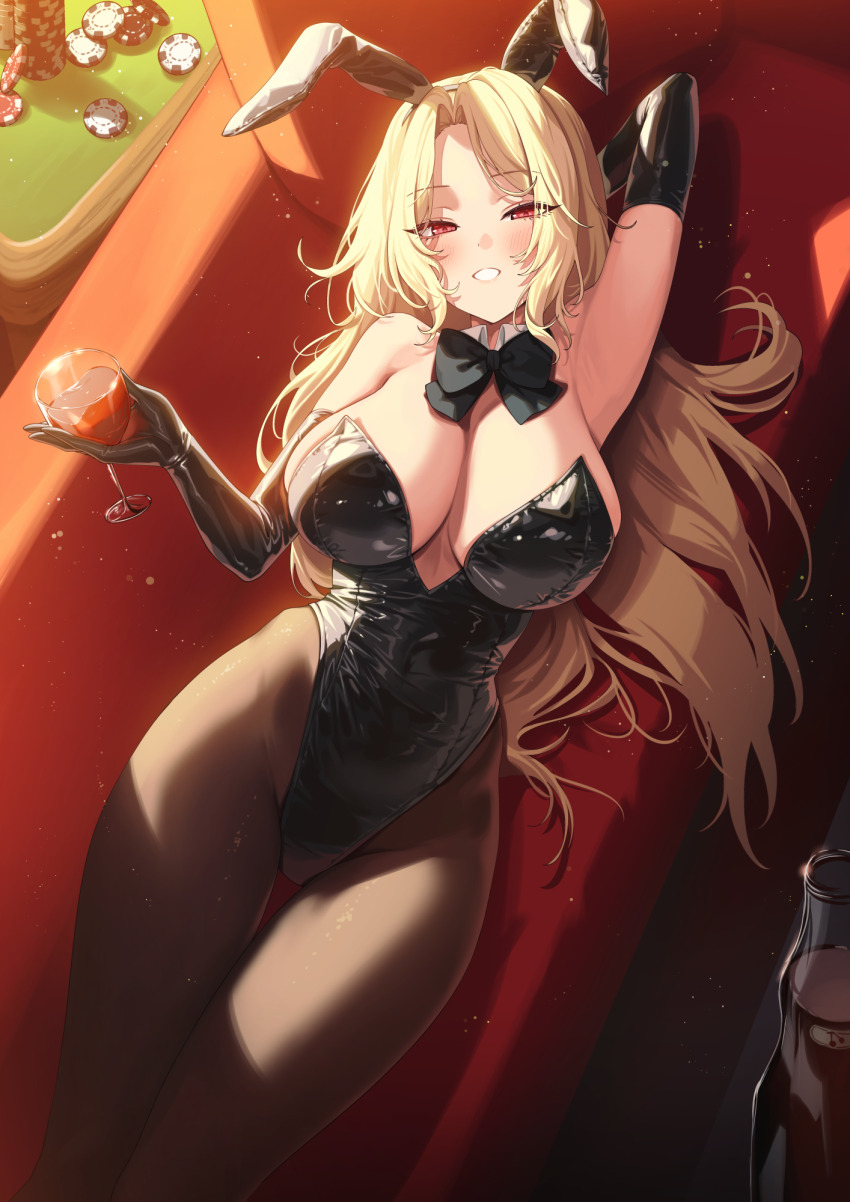 1girl alcohol alternate_costume animal_ears arm_behind_head arm_up armpits bare_shoulders black_bow black_bowtie black_gloves black_leotard black_pantyhose blonde_hair blush bow bowtie breasts cleavage couch cup detached_collar drinking_glass elbow_gloves fake_animal_ears gloves goddess_of_victory:_nikke hair_intakes highleg highleg_leotard highres holding holding_cup indoors large_breasts latex latex_gloves latex_leotard leotard long_hair looking_at_viewer ludmilla_(nikke) lying on_back on_couch pantyhose poker_chip poker_table rabbit_ears red_eyes red_wine smile solo strapless strapless_leotard table wine yampa