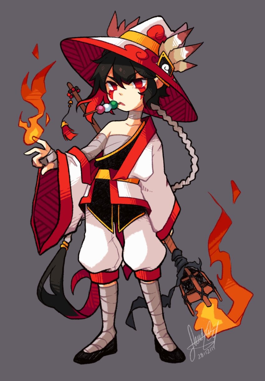 1boy 1girl bandaged_ankle bandaged_arm bandaged_hand bandages black_hair braid commentary dango dated english_commentary feathers fire fire_staff food food_in_mouth full_body grey_background hat highres holding holding_staff long_hair male_focus multicolored_hair original red_eyes red_hair red_hat robe sandragh sanshoku_dango signature simple_background single_braid skewer staff tattoo two-tone_hair two-tone_hat two-tone_robe very_long_hair wagashi white_hat white_robe wizard wizard_hat