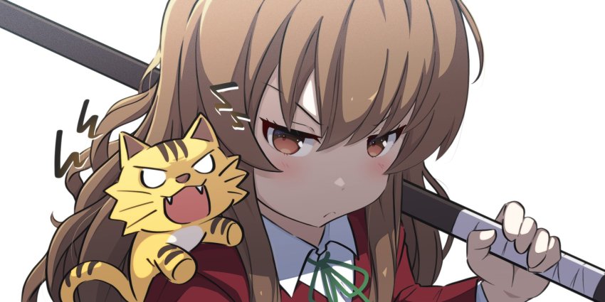 1girl aisaka_taiga bokken brown_eyes brown_hair collared_shirt commentary_request green_ribbon gyorui_(katsuwo_drawing) hair_between_eyes highres holding holding_sword holding_weapon jacket light_blush long_hair looking_at_viewer neck_ribbon oohashi_high_school_uniform open_mouth palmtop_tiger pouty_lips red_jacket ribbon school_uniform shirt simple_background sword toradora! upper_body weapon white_background white_shirt wooden_sword