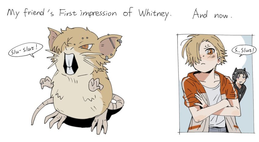 2boys animal_ear_piercing azuran_999 black_hair blonde_hair brown_eyes brown_fur crossed_arms crossover degrees_of_lewdity english_text game_freak gen_1_pokemon hair_over_one_eye jacket multicolored_jacket multiple_boys nintendo open_clothes open_jacket pokemon pokemon_(creature) raticate red_jacket shirt short_hair speech_bubble two-tone_jacket white_jacket white_shirt whitney_(degrees_of_lewdity) whitney_(male)_(degrees_of_lewdity)