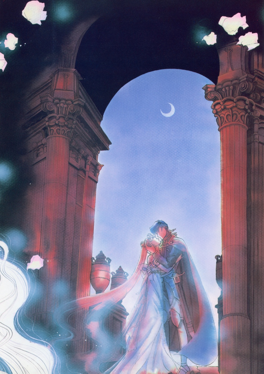 1990s_(style) 1boy 1girl absurdres architecture artbook bishoujo_senshi_sailor_moon black_hair blonde_hair blue_dress blue_sky couple double_bun dress endymion_(sailor_moon) faceless faceless_female faceless_male greco-roman_architecture hair_bun hand_on_another&#039;s_head height_difference hetero highres incredibly_absurdres long_hair moon official_art petals prince princess princess_serenity retro_artstyle sky takeuchi_naoko very_long_hair white_petals wide_shot