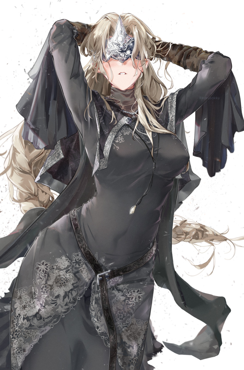 1girl arms_behind_head belly black_cloak black_dress blindfold blonde_hair blush brown_gloves brown_shirt cloak dark_souls_(series) dark_souls_iii dress elbow_gloves fire_keeper french_braided_ponytail gloves highres korusakku looking_at_viewer narrow_waist open_mouth shirt