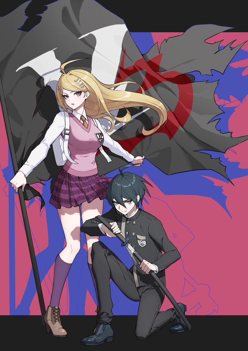 1boy 1girl :o absurdres ahoge akamatsu_kaede black_hair black_jacket black_pants black_shoes blonde_hair breasts brown_shoes collared_shirt danganronpa_(series) danganronpa_v3:_killing_harmony flag fortissimo hair_ornament highres holding holding_flag jacket kneehighs large_breasts long_sleeves miniskirt musical_note musical_note_hair_ornament musical_note_print necktie orange_necktie pants pink_eyes pink_sweater_vest purple_skirt saihara_shuichi shirt shoes short_hair skirt socks sweater_vest torn_flag ttegi_(ddeck_dg) white_shirt