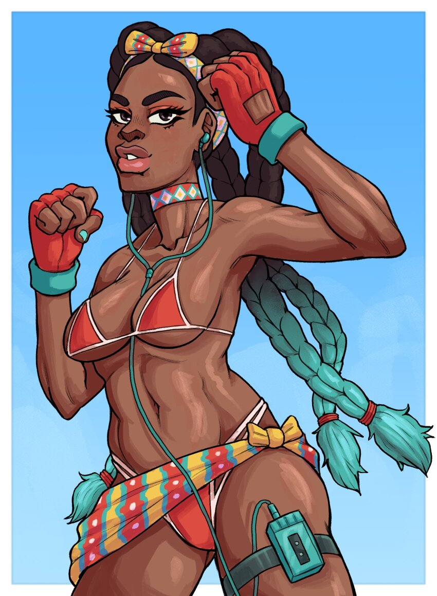 1girl abs absurdres aqua_hair bandana bikini black_eyes black_hair blue_background braid breasts cassette_tape choker dark-skinned_female dark_skin earbuds earphones fingerless_gloves gloves gradient_hair highres kimberly_jackson long_braid long_hair medium_breasts multicolored_hair navel pizzapiggy red_bikini red_gloves solo street_fighter street_fighter_6 string_bikini swimsuit toned toned_female two-tone_hair very_dark_skin