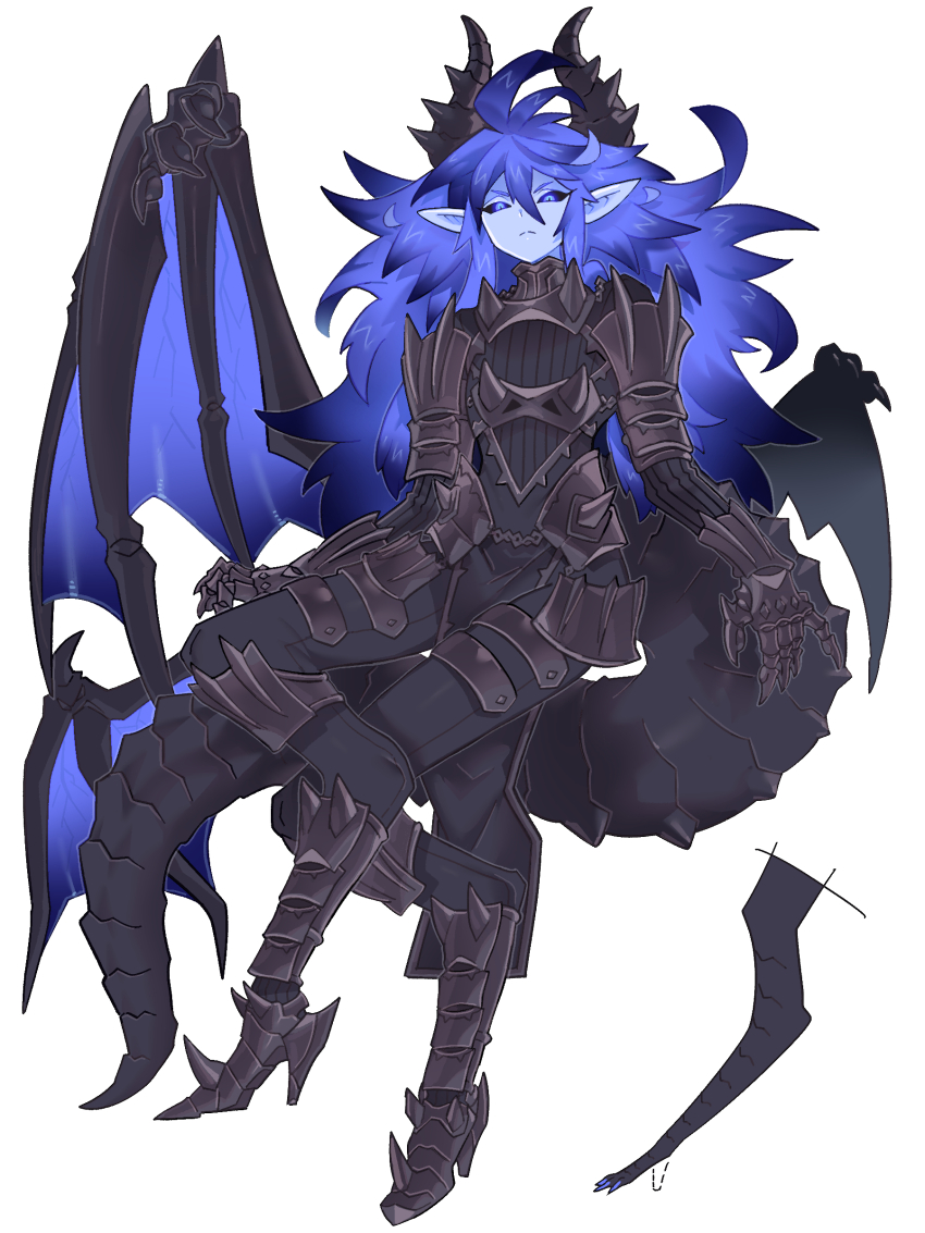 1boy absurdres ahoge antenna_hair armor armored_boots armored_footwear ashtoreth_(inu_fuji) black_armor black_gauntlets black_hair black_horns black_pants black_pelvic_curtain black_scales black_sclera black_tail blue_eyes blue_hair blue_skin blue_wings boots breastplate claws closed_mouth colored_sclera colored_skin crossed_legs curtained_hair digitigrade digitigrade_legs dragon_boy dragon_horns dragon_tail dragon_wings fingernails full_body gauntlets gradient_hair greaves hair_between_eyes high_heels highres horns in_air inu_fuji knee_up long_hair long_tail looking_at_viewer low_wings male_focus messy_hair midair monster_boy multicolored_hair multiple_wings original pants pelvic_curtain pointy_ears scales sharp_fingernails shoulder_armor sidelocks simple_background sitting slit_pupils solo tail two-tone_hair very_long_hair white_background wings