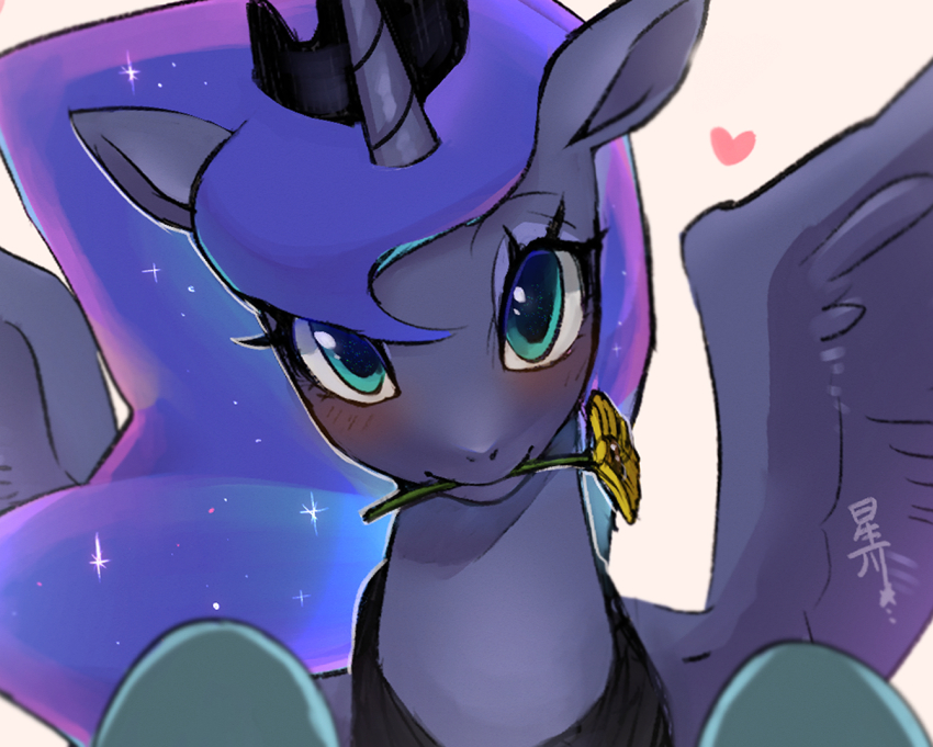 animal_focus aqua_eyes blue_eyeshadow blue_fur blue_hair blush choco_hosikawa commentary crown eyeshadow floating_hair flower hooves horse long_hair looking_at_viewer makeup mouth_hold my_little_pony my_little_pony:_friendship_is_magic no_humans pony_(animal) princess_luna simple_background solo sparkle unicorn_horn white_background winged_unicorn wings yellow_flower