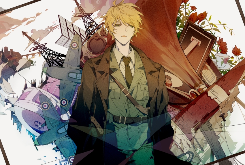 1boy aircraft airplane axis_powers_hetalia axygen belt black_belt black_coat black_necktie blonde_hair breast_pocket building buttons city coat collared_shirt cowboy_shot cup flower green_eyes green_jacket green_pants hair_between_eyes hands_in_pockets jacket lapels long_sleeves looking_at_viewer male_focus military_jacket military_uniform necktie open_clothes open_coat open_mouth pants picture_frame plate pocket red_flower shirt short_hair solo standing tower transmission_tower united_kingdom_(hetalia) vinyl_record white_shirt