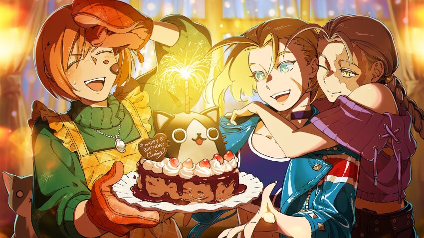 3girls apron birthday birthday_cake blonde_hair blue_eyes blue_jacket braid brown_hair cake cammy_white cat crop_top decapre fireworks food green_sweater happy happy_birthday highres hug hug_from_behind jacket juni_(street_fighter) multiple_girls official_art open_mouth oven_mitts scar scar_on_face short_hair smile sparkler street_fighter street_fighter_6 street_fighter_iv_(series) street_fighter_zero_(series) sweater teeth turtleneck turtleneck_sweater upper_body upper_teeth_only yellow_eyes