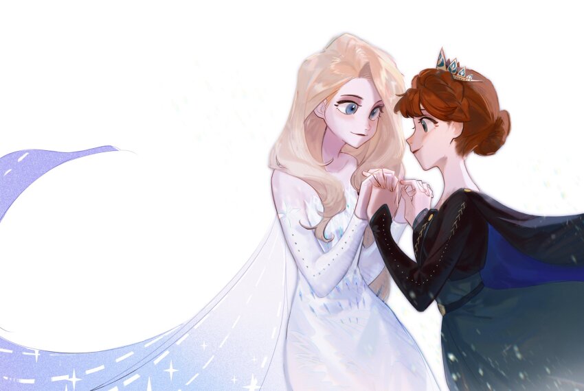 2girls anna_(frozen) bare_shoulders belt black_belt black_cape black_jacket blonde_hair blue_cape blue_eyes braid brown_hair buttons cape closed_mouth collarbone cowboy_shot detached_sleeves dress elsa_(frozen) fingernails frozen_(disney) gradient_clothes green_dress green_eyes hair_bun hands_up highres holding_hands jacket long_hair long_sleeves looking_at_another multiple_girls rrrrrrrrrrrou1 short_hair siblings simple_background sisters sleeveless sleeveless_dress smile snowing standing strapless strapless_dress tiara two-sided_cape two-sided_fabric white_background white_cape white_dress
