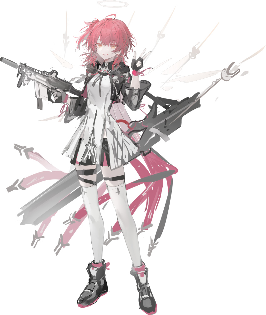 1girl absurdres ahoge ankle_boots arknights black_boots black_gloves black_jacket black_shorts boots commentary cropped_jacket dress energy_wings english_commentary exusiai_(arknights) exusiai_the_new_covenant_(arknights) fingerless_gloves gloves gun halo highres holding holding_weapon jacket luozhou_pile one_side_up orange_eyes red_hair short_dress short_hair short_shorts shorts smile solo submachine_gun thigh_strap thighhighs traditional_halo w weapon white_background white_dress white_thighhighs wide_sleeves