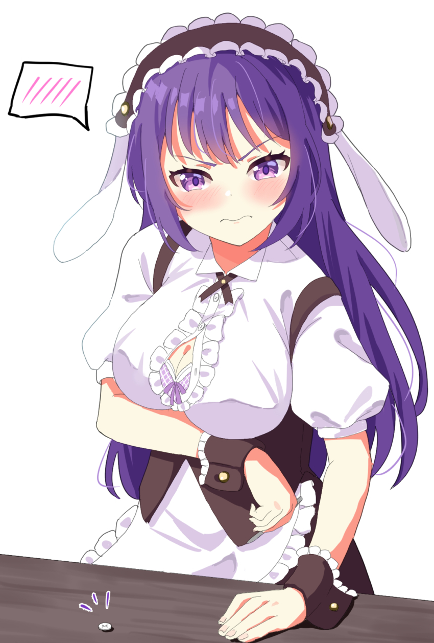 1girl animal_ears apron arm_under_breasts black_hairband black_skirt blush bow bow_bra bra breasts center_frills cleavage closed_mouth collared_shirt commentary_request commission dress_shirt fake_animal_ears fleur_de_lapin_uniform floppy_ears frilled_apron frilled_hairband frills gochuumon_wa_usagi_desu_ka? hairband highres kousaka_nobaku large_breasts long_hair pixiv_commission popped_button puffy_short_sleeves puffy_sleeves purple_bra purple_eyes purple_hair rabbit_ears shirt short_sleeves simple_background skirt solo spoken_blush tedeza_rize underwear v-shaped_eyebrows very_long_hair waist_apron white_apron white_background white_shirt wrist_cuffs