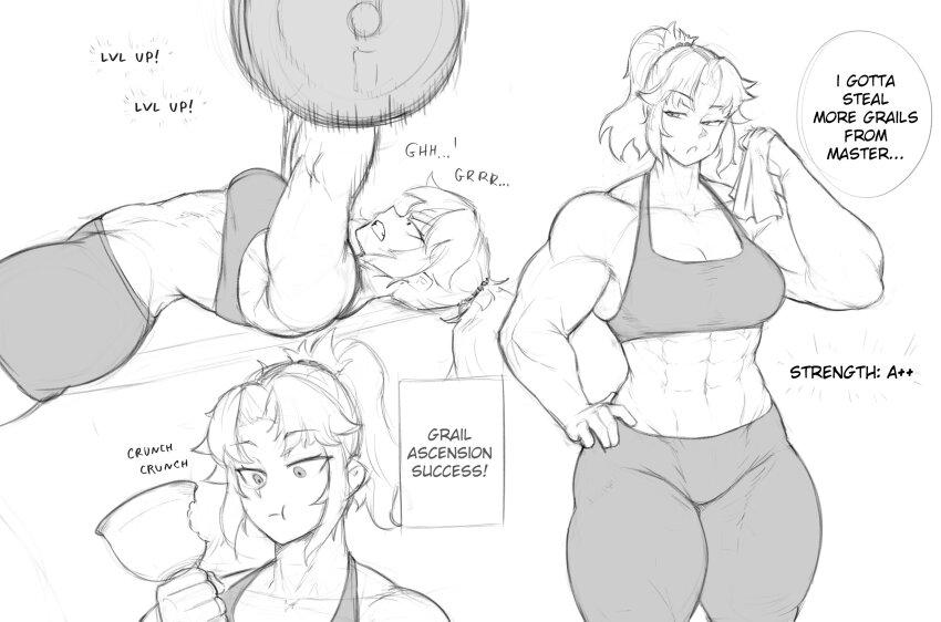 1girl :t abs absurdres alternate_muscle_size barbell bare_shoulders bench_press biceps black_sports_bra breasts chalice chewing commentary cup eating english_commentary exercising fate/grand_order fate_(series) food_in_mouth gameplay_mechanics gym hair_ornament hair_scrunchie highres holding holy_grail_(fate) large_breasts level_up mordred_(fate) motion_lines muscular muscular_arms muscular_female navel obliques pants ponytail scrunchie speed_lines sports_bra sweat thick_thighs thighs towel weight_bench weightlifting weights yoga_pants zeph505