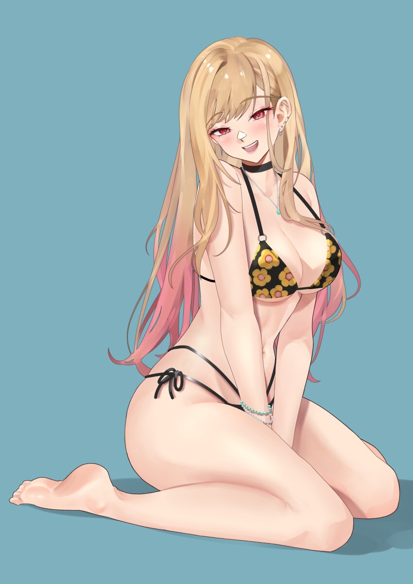 1girl absurdres bikini black_bikini blonde_hair blue_background blush breasts floral_print_bikini full_body highres kitagawa_marin kneeling large_breasts meisaki open_mouth pink_hair red_eyes side-tie_bikini_bottom simple_background smile solo sono_bisque_doll_wa_koi_wo_suru swimsuit