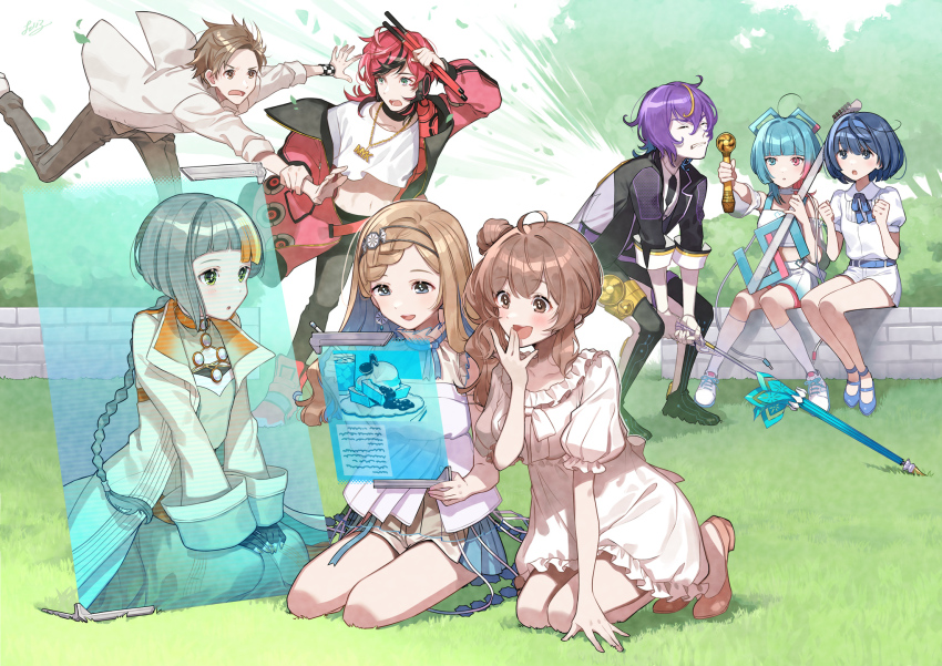 3boys 5girls :o aisuu_(voisona) belt black_coat black_hair black_jacket black_pants blonde_hair blue_belt blue_eyes blue_hair blue_hairband blue_ribbon blunt_bangs blush braid braided_bangs braided_ponytail brown_hair brown_pants cevio chain cherico chis-a clenched_hands closed_umbrella coat colored_inner_hair commentary_request day detached_sleeves dress drumsticks earrings electric_fan expressionless fanning floating_hair foliage frilled_dress frills frown ganbaru_pose gloom_(expression) gold_chain green_dress green_eyes grey_hair hair_bun hairband hand_fan hand_to_own_mouth handheld_electric_fan hands_on_own_thighs hands_up headphones heavy heterochromia highres holding holding_another&#039;s_wrist holding_drumsticks holding_fan holding_stylus holding_umbrella hologram holographic_interface jacket jewelry jumping kirune_(voisona) kneehighs kneeling long_dress long_hair looking_at_another looking_at_screen midair midriff multicolored_hair multiple_boys multiple_girls myk-iv neck_ribbon off_shoulder official_art on_grass open_clothes open_coat open_mouth orange_hair outdoors outstretched_arm pale_skin pants parasol parted_lips pendant pink_hair puffy_short_sleeves puffy_sleeves purple_hair reaching red_coat red_eyes red_hair ribbon satou_sasara second-party_source seiza short_hair short_shorts short_sleeves shorts side_ponytail single_side_bun sitting sitting_on_wall three-quarter_sleeves smile socks streaked_hair stylus suzuki_tsudumi takahashi_amato tanaka_san umbrella v-shaped_eyebrows voisona wavy_hair white_dress white_jacket white_shorts white_sleeves white_socks wolf_cut wristband yokozuwari ||/