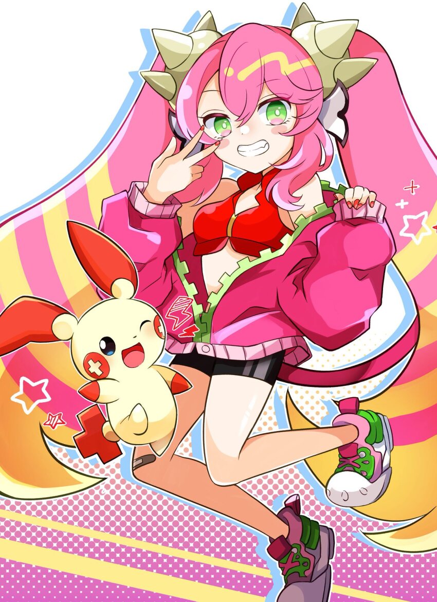 1girl 1other blush boots breasts clenched_teeth demon_tail game_freak gen_3_pokemon green_eyes hairband highres jacket ki-sikil_(yu-gi-oh!) live_twin_ki-sikil long_hair long_sleeves looking_at_viewer medium_breasts nintendo one_eye_closed open_mouth pink_boots pink_hair pink_jacket pink_nails plus_sign plusle pokemon short_shorts shorts simple_background sleeves_past_wrists smile spiked_hairband spikes tail teeth ukyou_kuro v white_background yu-gi-oh!