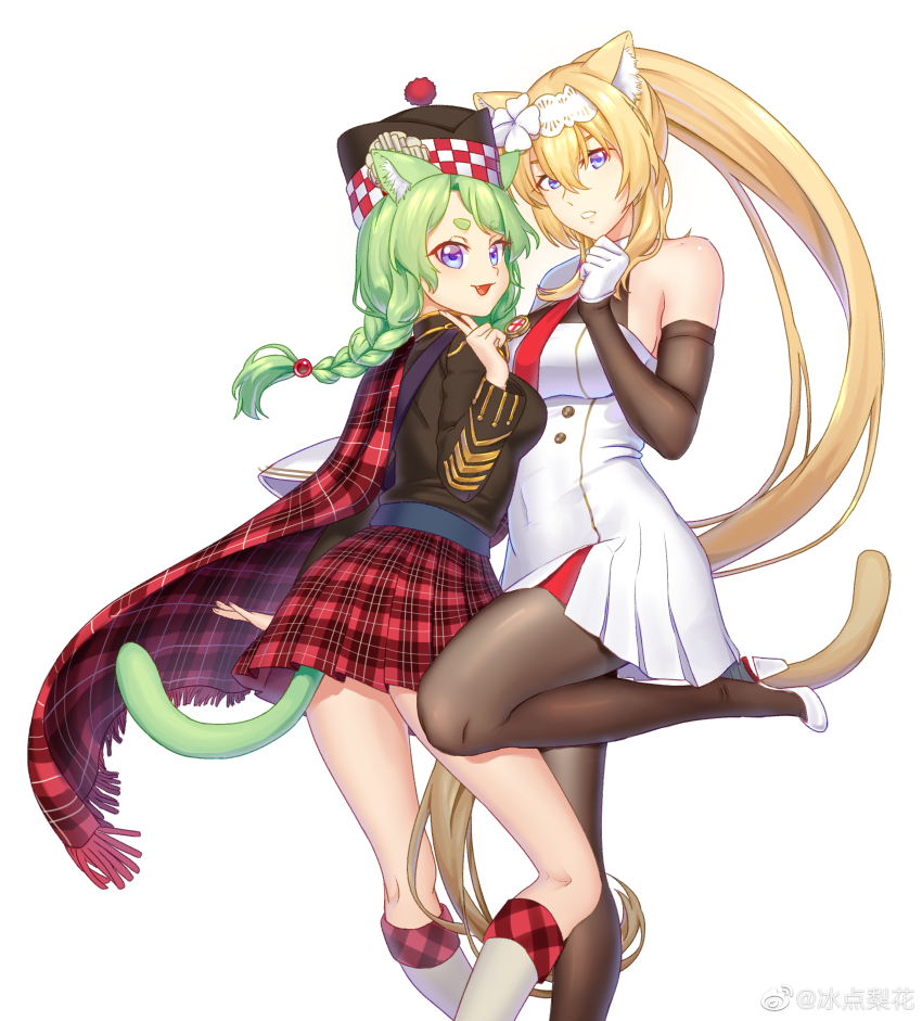 2girls absurdres animal_ears belfast_(warship_girls_r) bingdian_lihua blonde_hair blue_eyes braid braided_twintails breasts cat_ears cat_girl cat_tail dress duke_of_york_(warship_girls_r) elbow_gloves gloves green_hair hair_ribbon hat highres large_breasts long_hair looking_at_viewer multiple_girls open_mouth pantyhose ponytail ribbon simple_background skirt smile socks standing standing_on_one_leg tail twin_braids very_long_hair warship_girls_r watermark weibo_watermark white_background white_footwear white_gloves