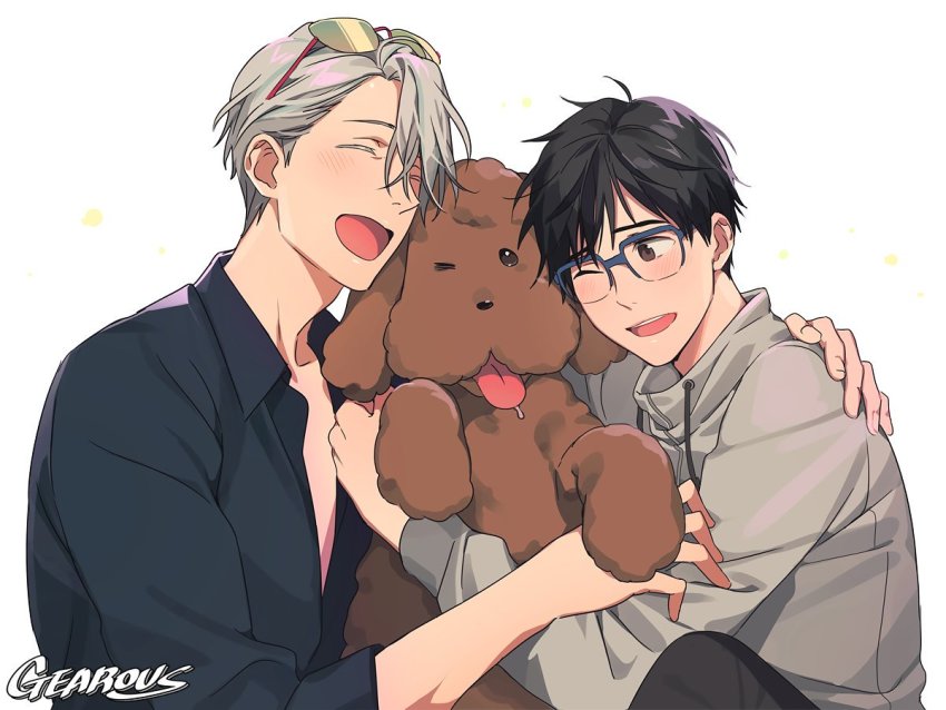 2boys :d ;) ^_^ animal artist_name black_hair black_shirt blue-framed_eyewear blush brown_eyes closed_eyes dog dress_shirt drooling eyewear_on_head fingernails furrowed_brow gearous glasses grey_jacket hair_over_one_eye hand_on_another&#039;s_back happy hug jacket katsuki_yuuri looking_at_another makkachin male_focus multiple_boys one_eye_closed open_mouth pectorals semi-rimless_eyewear shaded_face shirt side-by-side silver_hair simple_background smile sunglasses teeth tongue tongue_out upper_body upper_teeth_only viktor_nikiforov white_background yaoi yuri!!!_on_ice